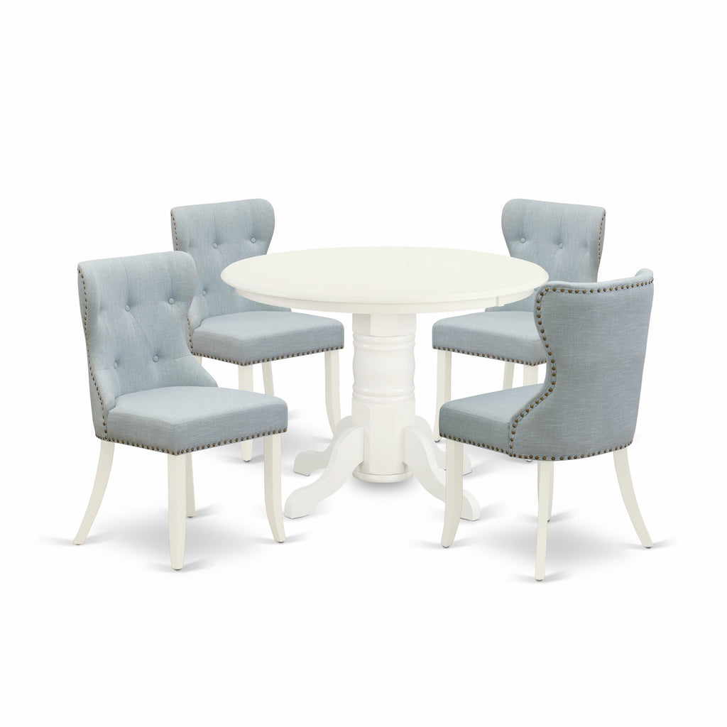 Dining Set SHSI5-DXV-7G Stylish 5-Piece Ensemble with Pedestal Table and 4 Baby Blue Parson Chairs