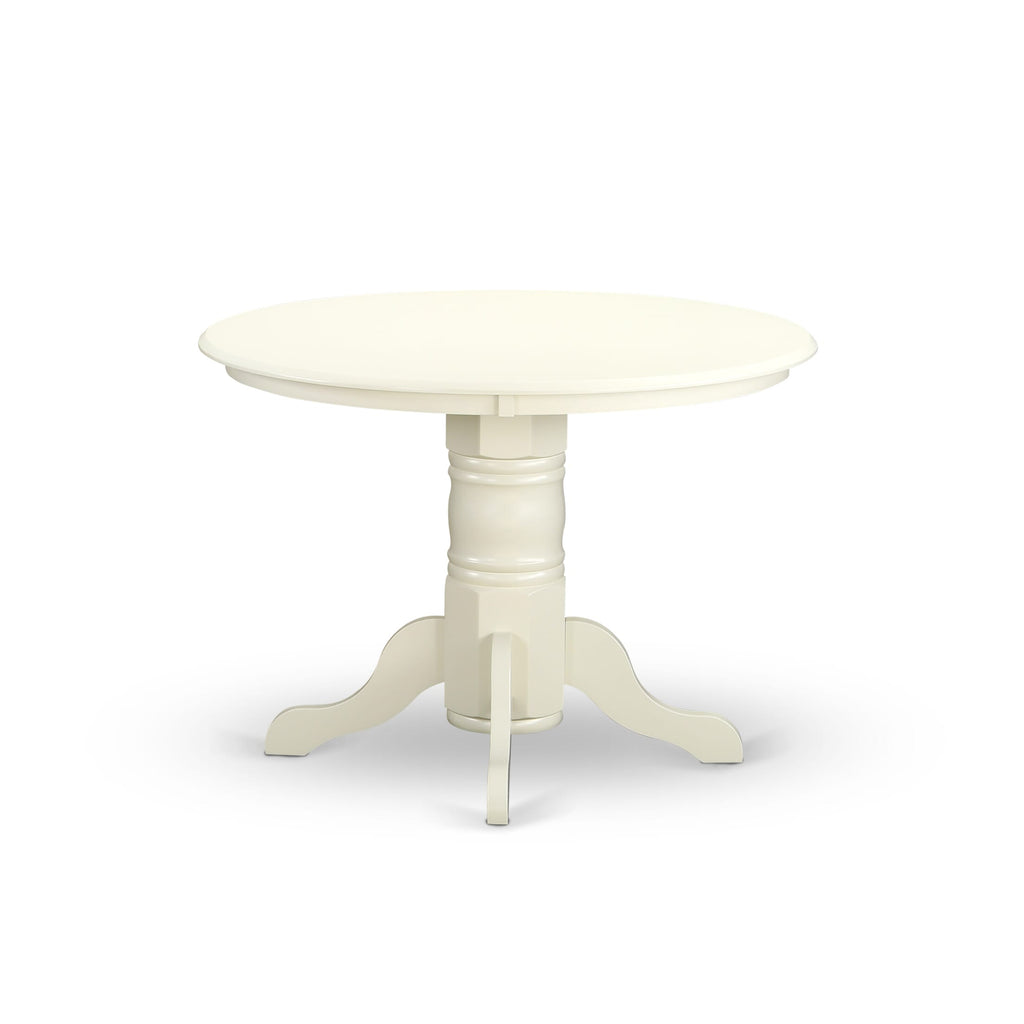 SHAB3-2NR-Z6 3-Piece Dining Ensemble with Round Table, Pedestal Base & 2 Light Beige Linen Parsons Chairs, 42x42 Inch in Soft Linen White