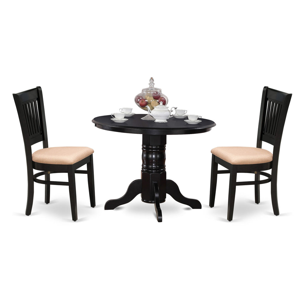 SHVA3-1JT-3 Elegant Compact Dining Ensemble Round Table with Pedestal and 2 Comfortable Linen Chairs for Small Areas