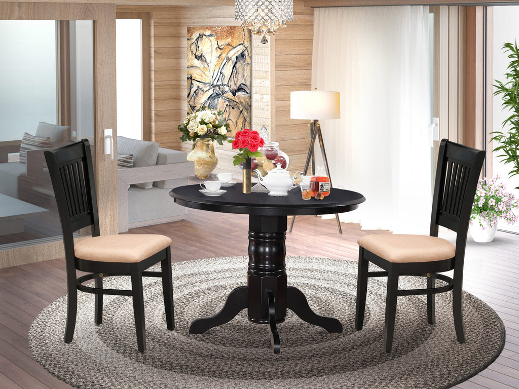 SHVA3-1JT-3 Elegant Compact Dining Ensemble Round Table with Pedestal and 2 Comfortable Linen Chairs for Small Areas