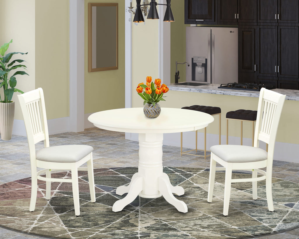SHVA3-KWG-D 3 Piece Dining Set Round Pedestal Table with 2 Linen Dining Chairs, 42x42 Inch, White