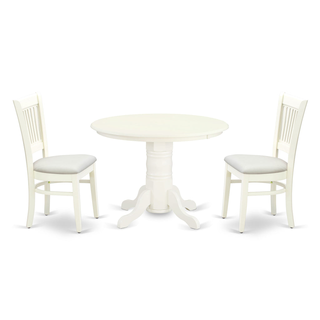 SHVA3-KWG-D 3 Piece Dining Set Round Pedestal Table with 2 Linen Dining Chairs, 42x42 Inch, White