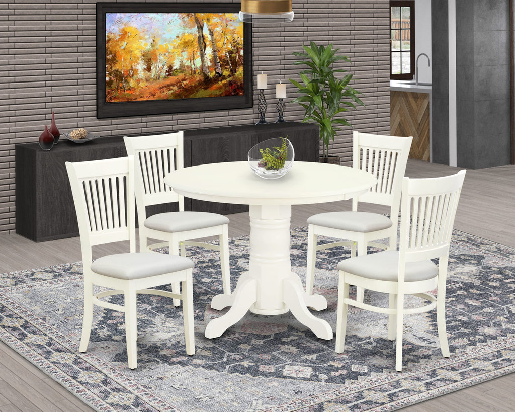 SHVA5-ZT0-T 5-Piece Dining Set with Round Table & 4 Upholstered Chairs in Fresh Linen White