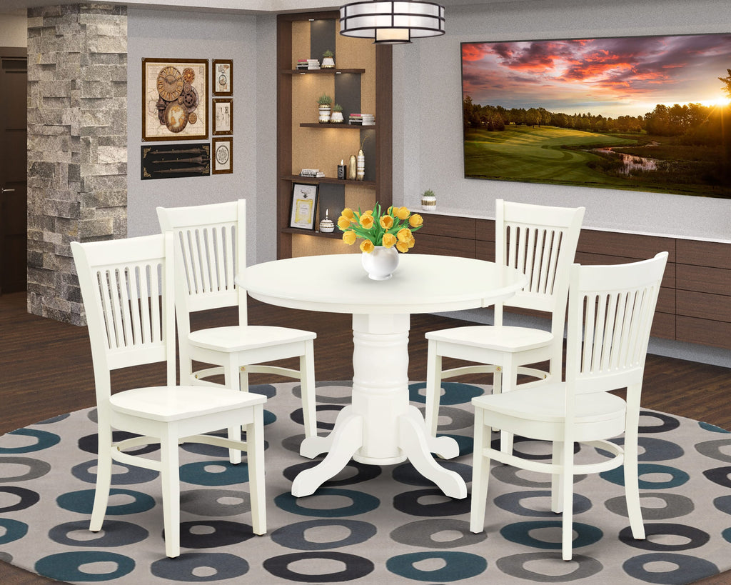 SHVA5-7NL-Z 5-Piece Set Circular Dining Table with Pedestal & 4 Chairs, Solid Seats, 42 Linen White