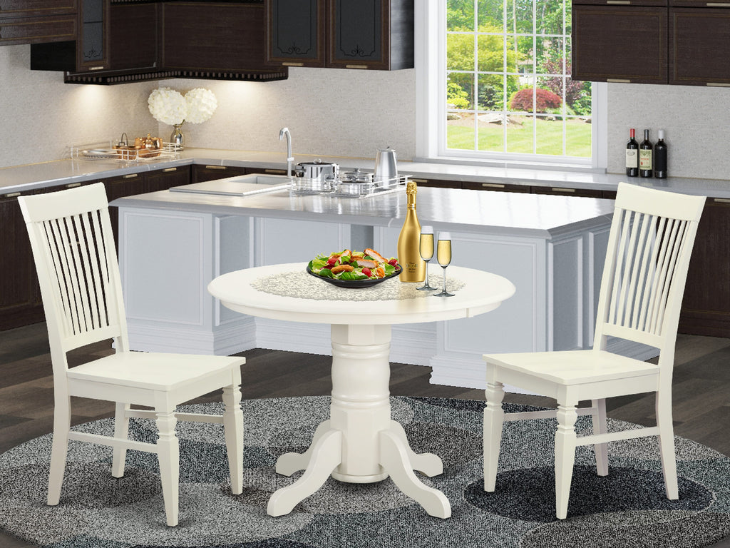 SHWE3-GUP-X Chic Dining Set Circlular Pedestal Table, With Two Linen White Chairs, 3-Piece Set
