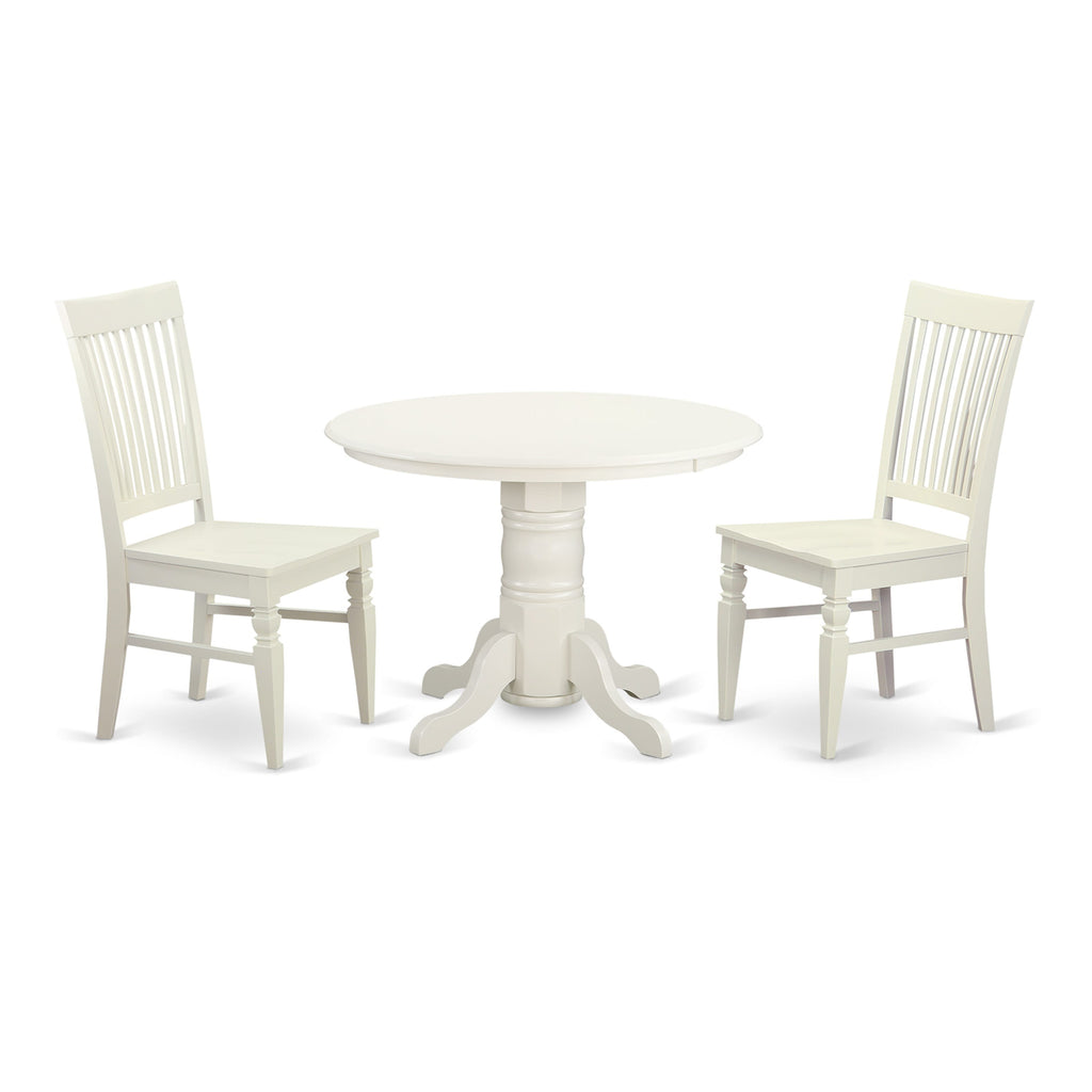 SHWE3-GUP-X Chic Dining Set Circlular Pedestal Table, With Two Linen White Chairs, 3-Piece Set