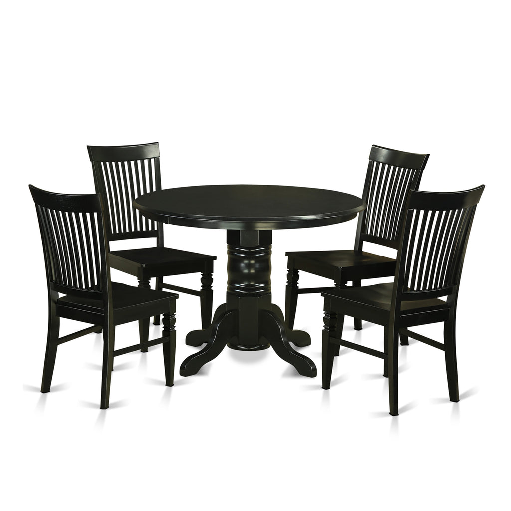 SHWE5-C8B-B 5 Piece Dining Ensemble Featuring Round Pedestal Table and 4 Wooden Seat Chairs in 42 Black Finish