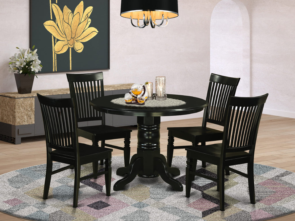 SHWE5-C8B-B 5 Piece Dining Ensemble Featuring Round Pedestal Table and 4 Wooden Seat Chairs in 42 Black Finish