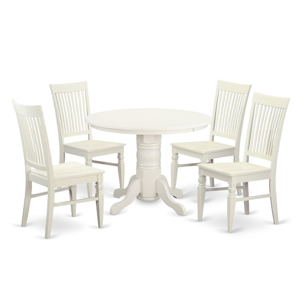 SHWE5-R8B-A 5-Piece Elegant Dining Collection with Round Pedestal Table and 4 Comfortable Chairs in Pure White Finish