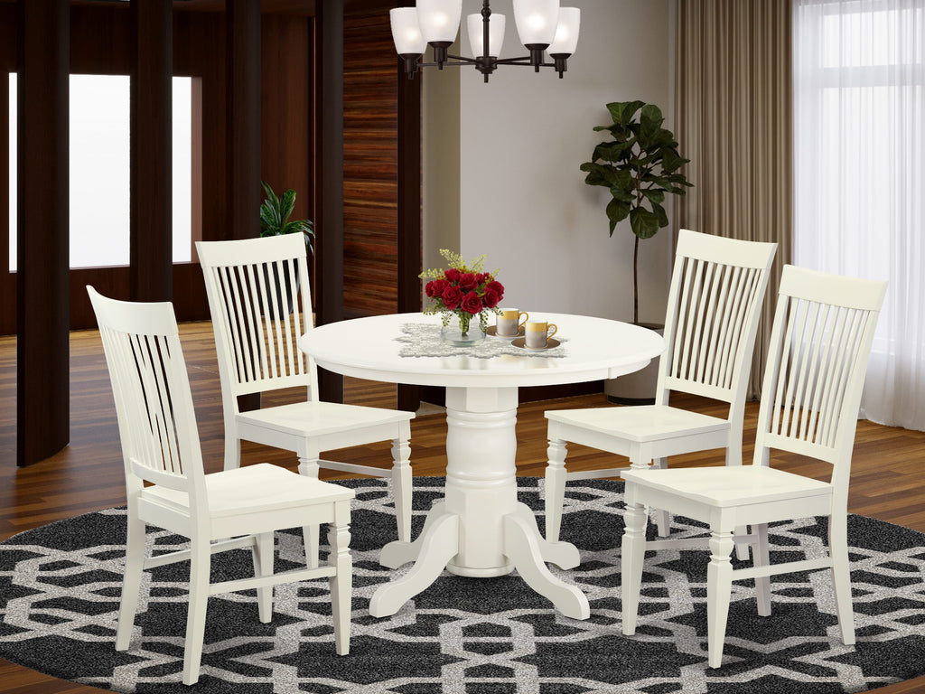 SHWE5-R8B-A 5-Piece Elegant Dining Collection with Round Pedestal Table and 4 Comfortable Chairs in Pure White Finish