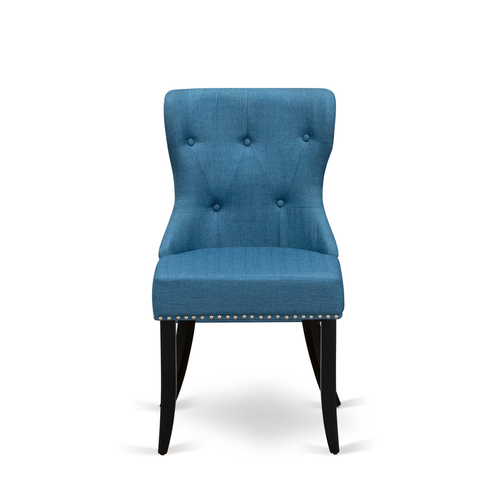 X697SHDE4-U 7 Piece Dining Set with X-Leg Rectangle Table and 6 Blue Linen Chairs, 40x72 Inch, Versatile Color Scheme