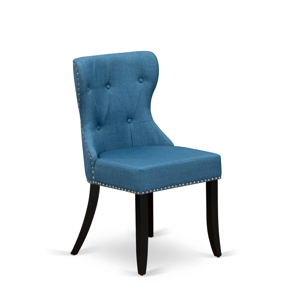 X697SHDE4-U 7 Piece Dining Set with X-Leg Rectangle Table and 6 Blue Linen Chairs, 40x72 Inch, Versatile Color Scheme