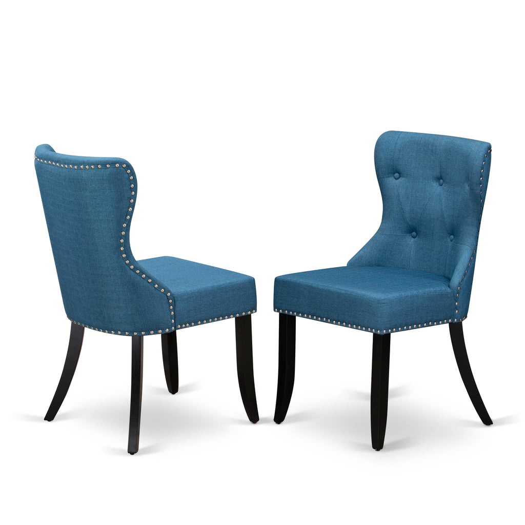 X697SHDE4-U 7 Piece Dining Set with X-Leg Rectangle Table and 6 Blue Linen Chairs, 40x72 Inch, Versatile Color Scheme