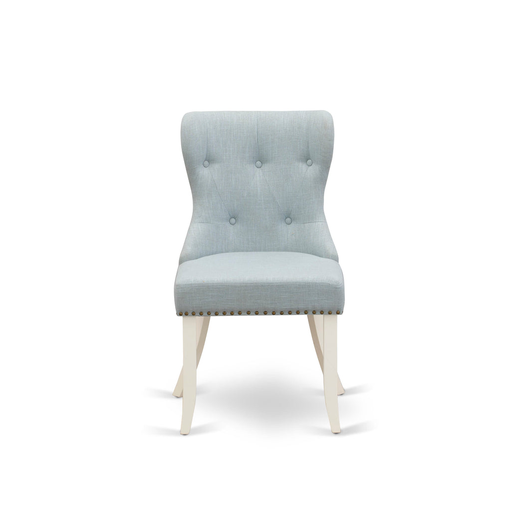 DOSI9-7WM-XV 9 Piece Dining Ensemble featuring Rectangle Table & Baby Blue Upholstered Chairs & Butterfly Leaf