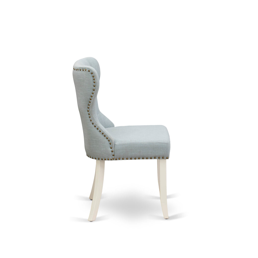 DOSI9-7WM-XV 9 Piece Dining Ensemble featuring Rectangle Table & Baby Blue Upholstered Chairs & Butterfly Leaf