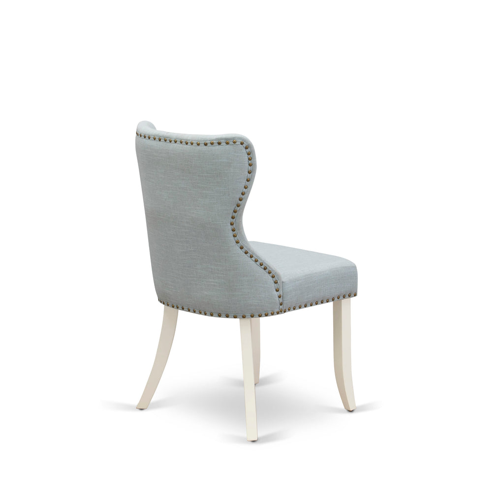 DOSI9-7WM-XV 9 Piece Dining Ensemble featuring Rectangle Table & Baby Blue Upholstered Chairs & Butterfly Leaf