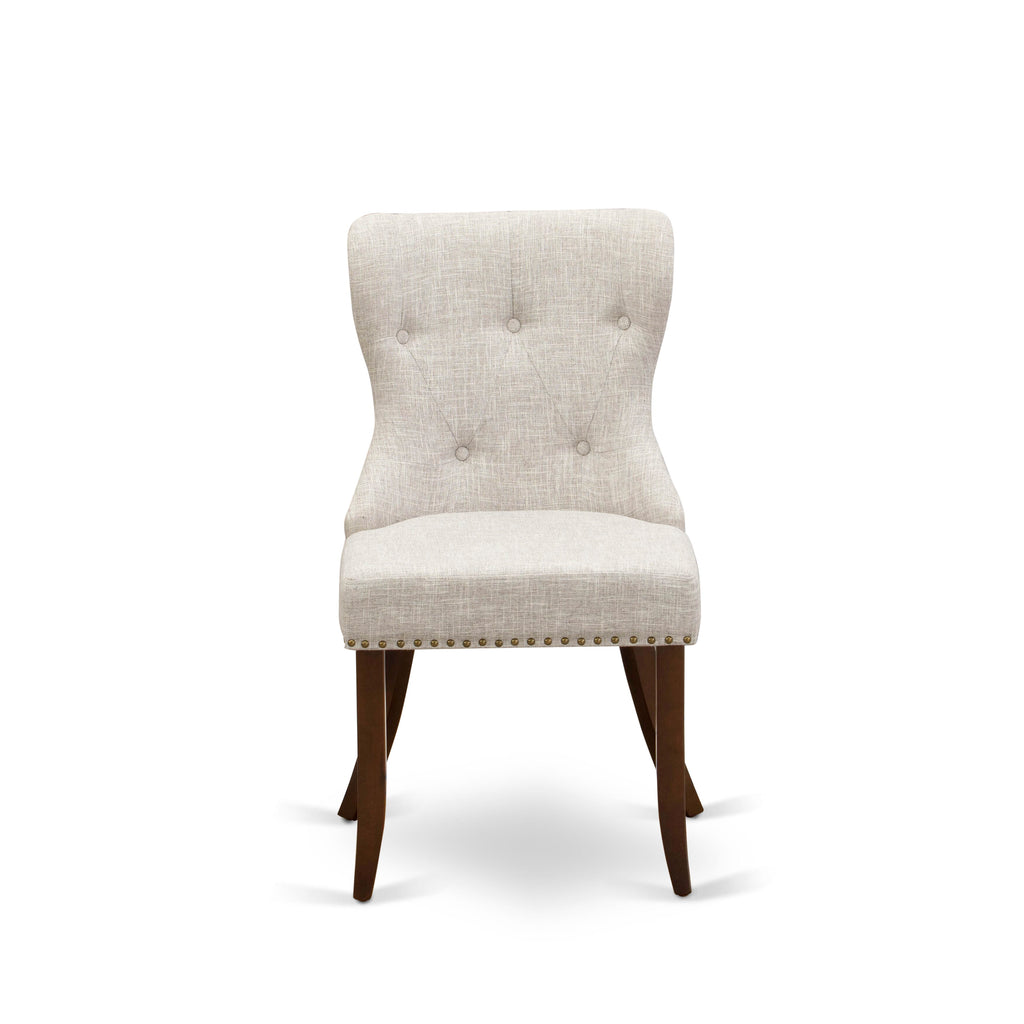 Sion Parson Dining Room Chairs Set - SIP3TZE, Button Tufted with Nailhead in Doeskin Linen, Mahogany for Two
