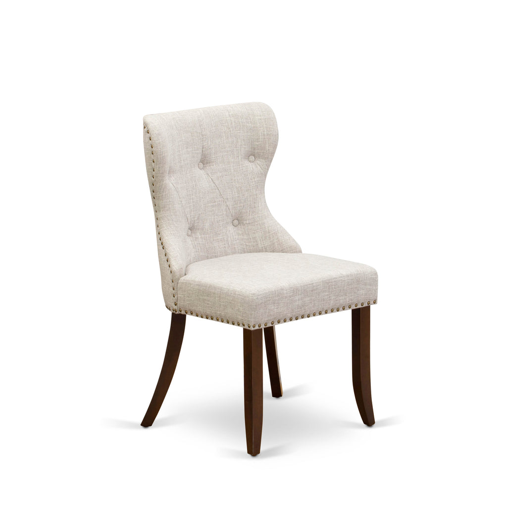 Sion Parson Dining Room Chairs Set - SIP3TZE, Button Tufted with Nailhead in Doeskin Linen, Mahogany for Two