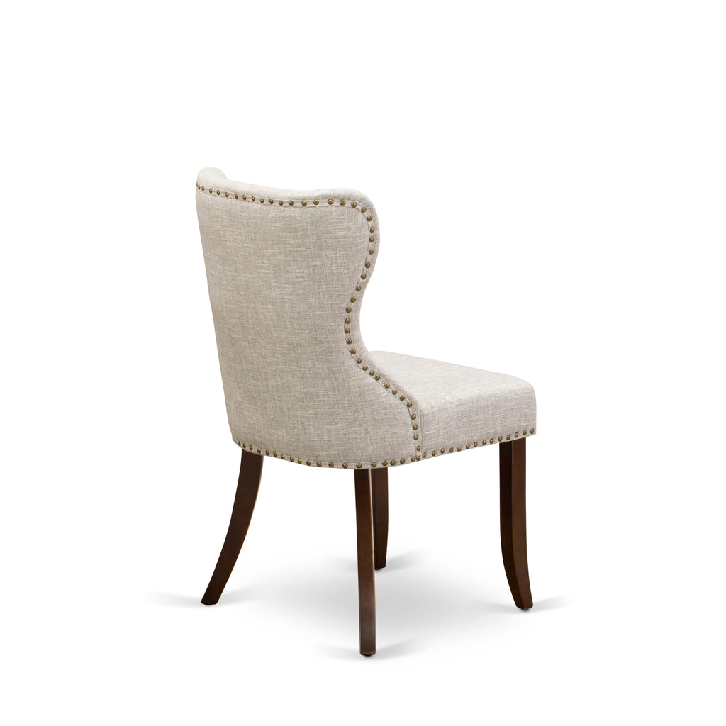 Sion Parson Dining Room Chairs Set - SIP3TZE, Button Tufted with Nailhead in Doeskin Linen, Mahogany for Two