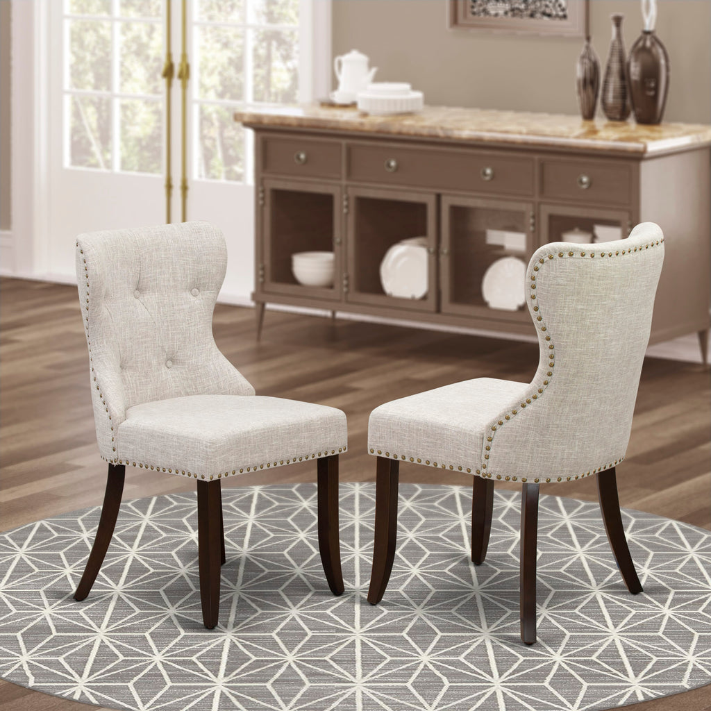Sion Parson Dining Room Chairs Set - SIP3TZE, Button Tufted with Nailhead in Doeskin Linen, Mahogany for Two