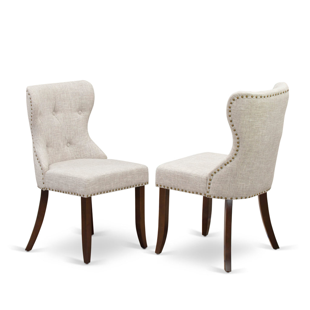 Sion Parson Dining Room Chairs Set - SIP3TZE, Button Tufted with Nailhead in Doeskin Linen, Mahogany for Two