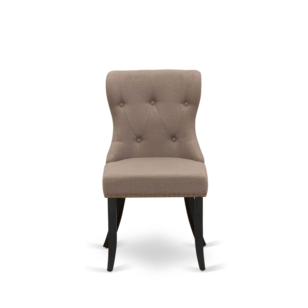 AMSI3-KV7-VR Three Piece Dining Ensemble with Round Pedestal and Coffee Linen Upholstered Parsons Chairs, 36 Black Wirebrushed Style