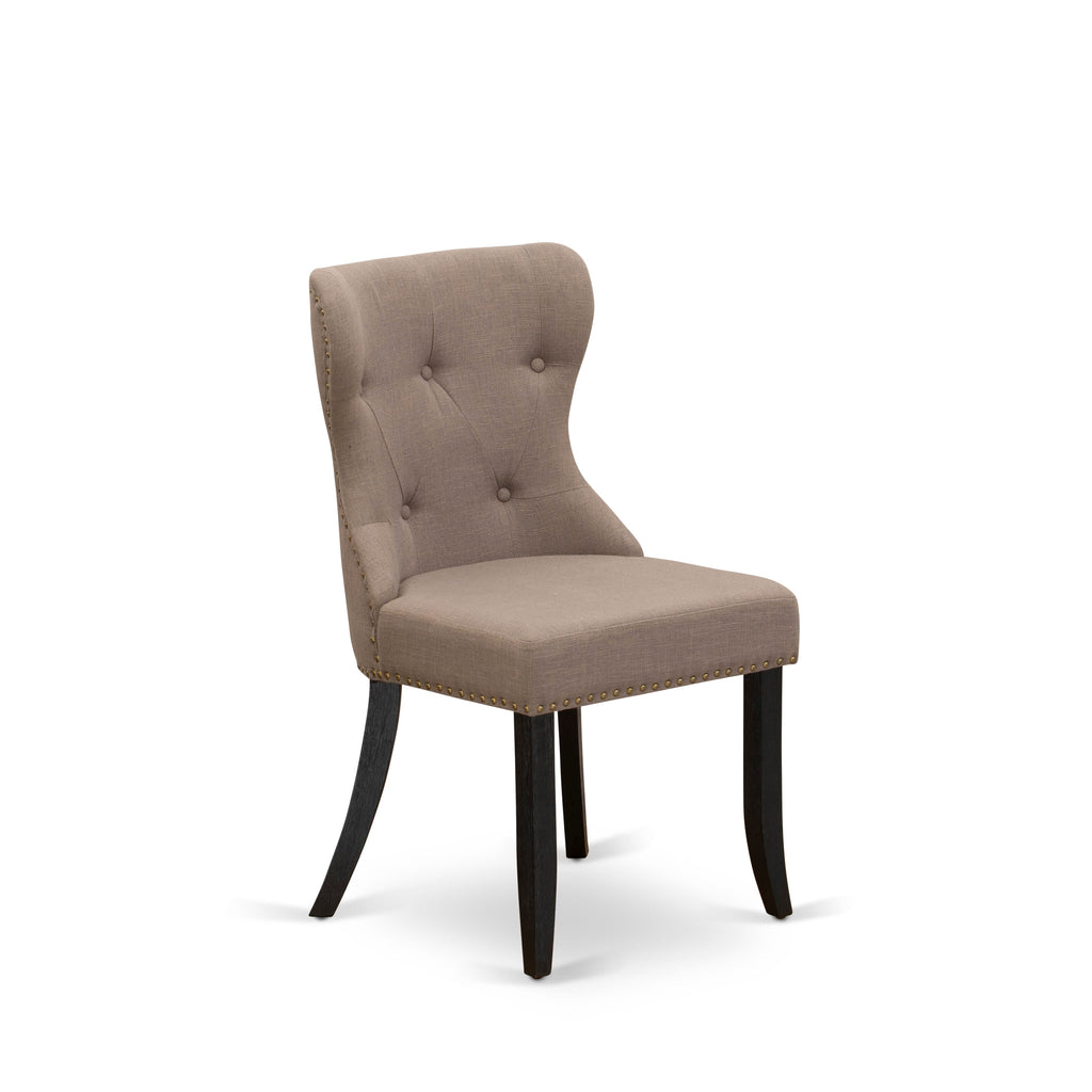 AMSI3-KV7-VR Three Piece Dining Ensemble with Round Pedestal and Coffee Linen Upholstered Parsons Chairs, 36 Black Wirebrushed Style