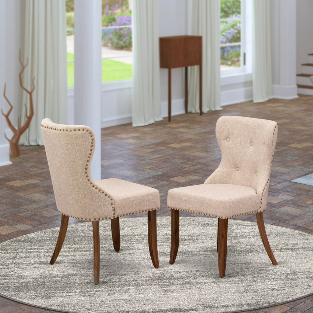 Stylish SIP8TZ8 Parsons Dining Chairs with Nailhead Trim Light Tan Linen, Set of 2, Walnut Base