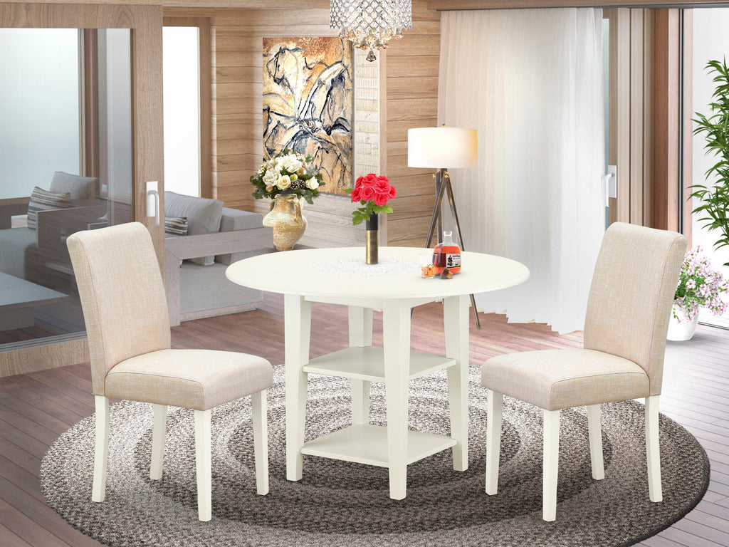 Dining Set Perfection SUAB3-K2A-OT Three-Piece Ensemble Featuring Round Dropleaf Table & Storage with 2 Beige Linen Seating