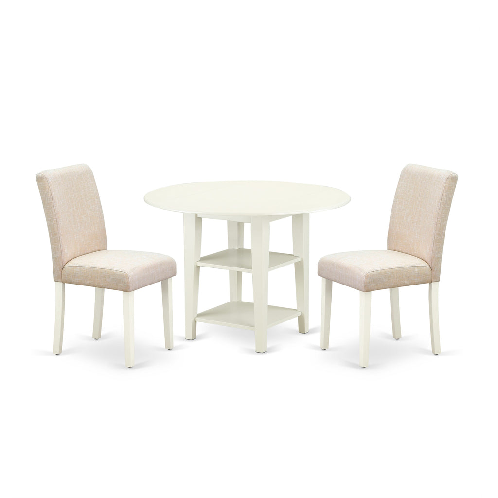 Dining Set Perfection SUAB3-K2A-OT Three-Piece Ensemble Featuring Round Dropleaf Table & Storage with 2 Beige Linen Seating
