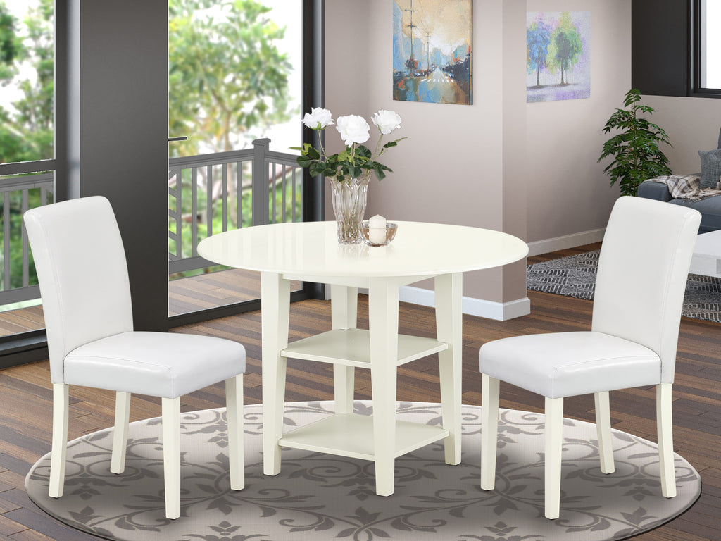 SUAB3-NHY-W5 3-Piece Dining Collection with Round Dropleaf Table & 2 Modern Parson Chairs, Linen White Finish