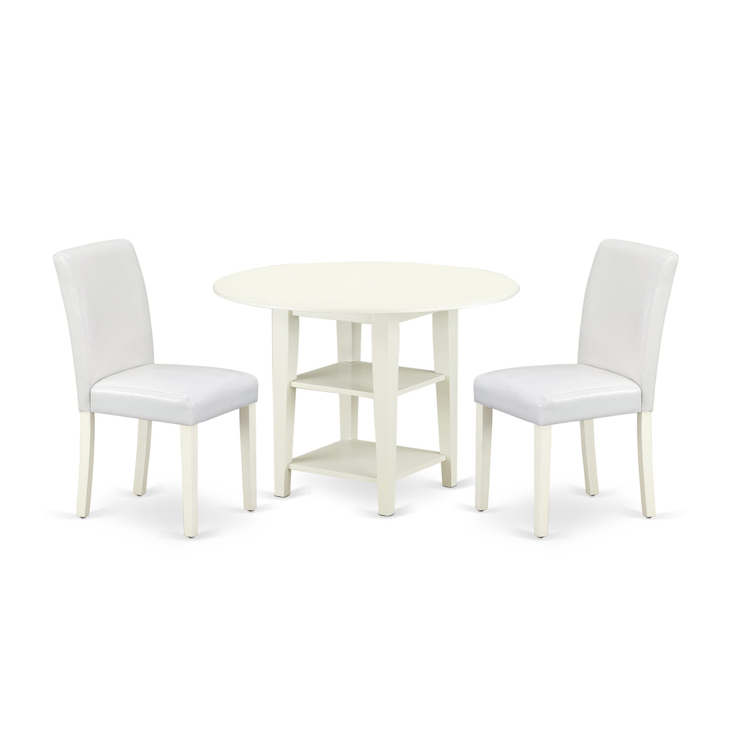 SUAB3-NHY-W5 3-Piece Dining Collection with Round Dropleaf Table & 2 Modern Parson Chairs, Linen White Finish