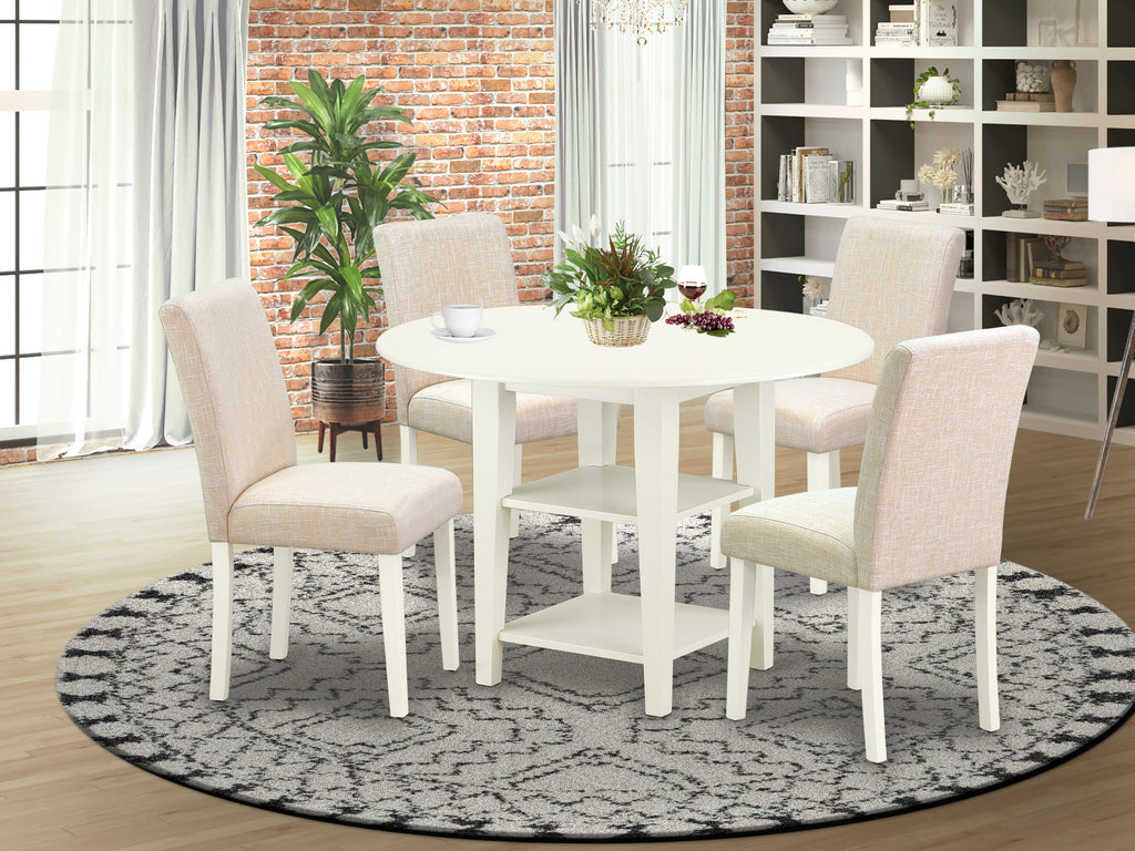 Explore SUAB5-BPU-TE 5-Piece Dining Set with Round Drop-Leaf Table & 4 Beige Linen Chairs, 42 Wood Table