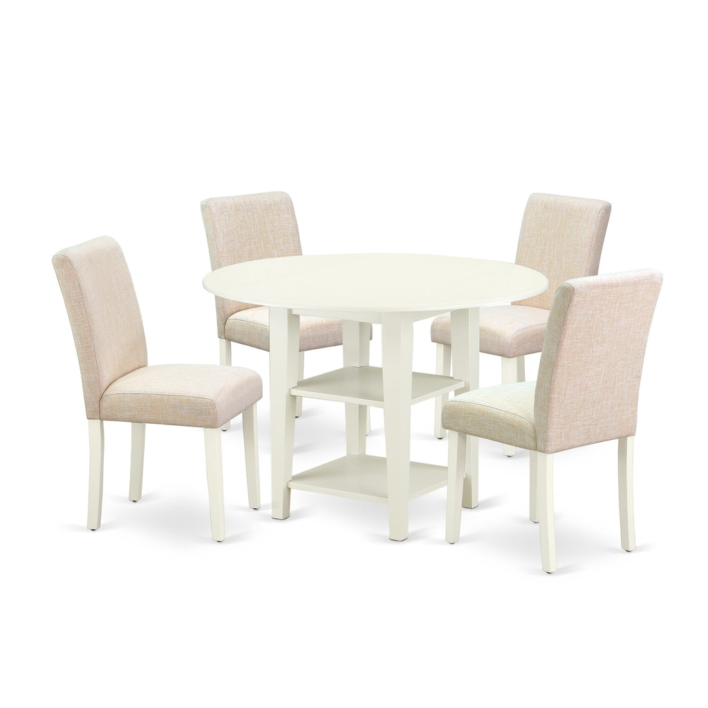Explore SUAB5-BPU-TE 5-Piece Dining Set with Round Drop-Leaf Table & 4 Beige Linen Chairs, 42 Wood Table