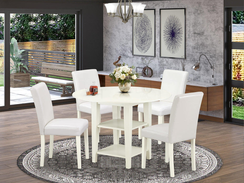 SUAB5-RWA-UD Elegant 5-Piece Dining Room Ensemble with Round Drop Leaf Table & 4 Chic White Seats