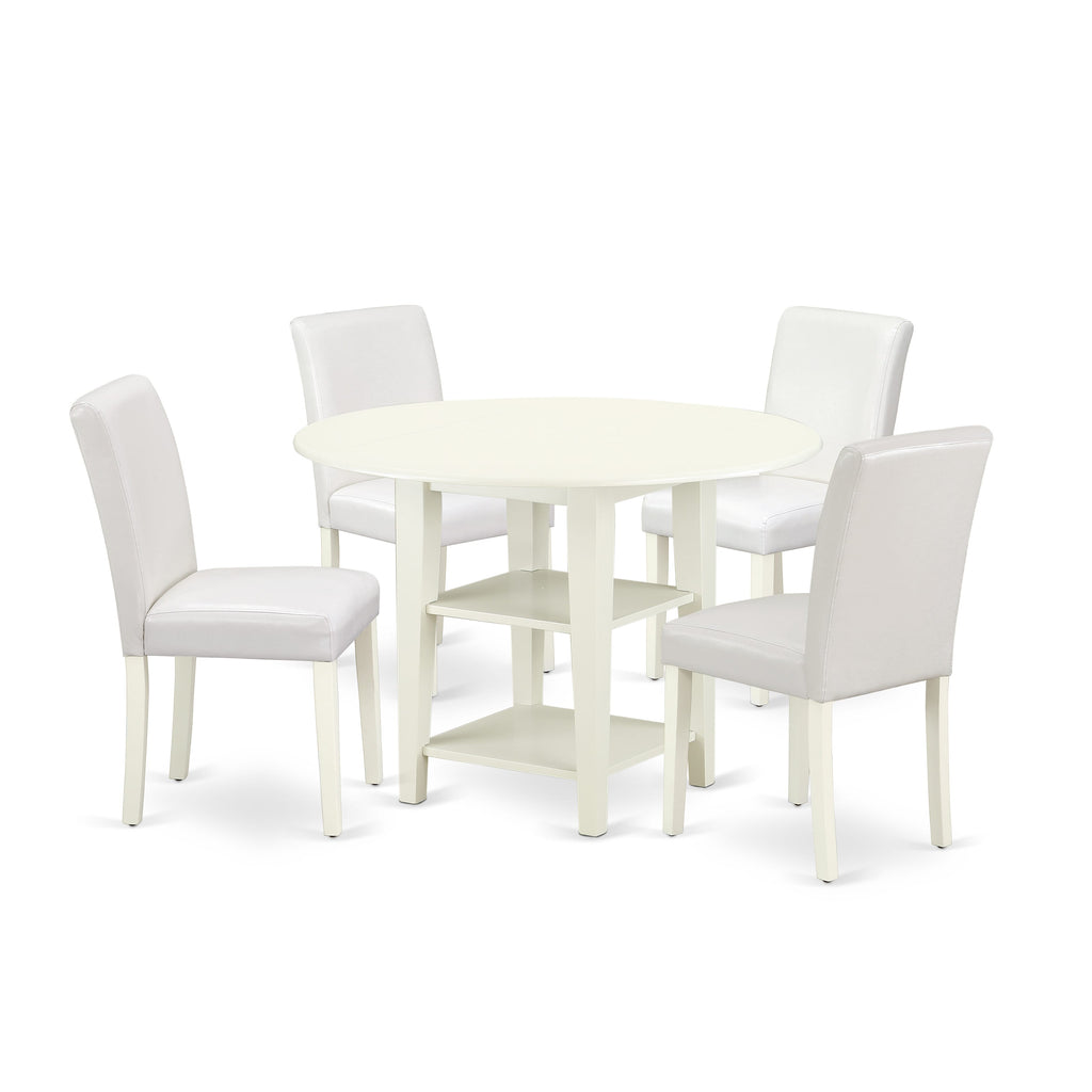 SUAB5-RWA-UD Elegant 5-Piece Dining Room Ensemble with Round Drop Leaf Table & 4 Chic White Seats