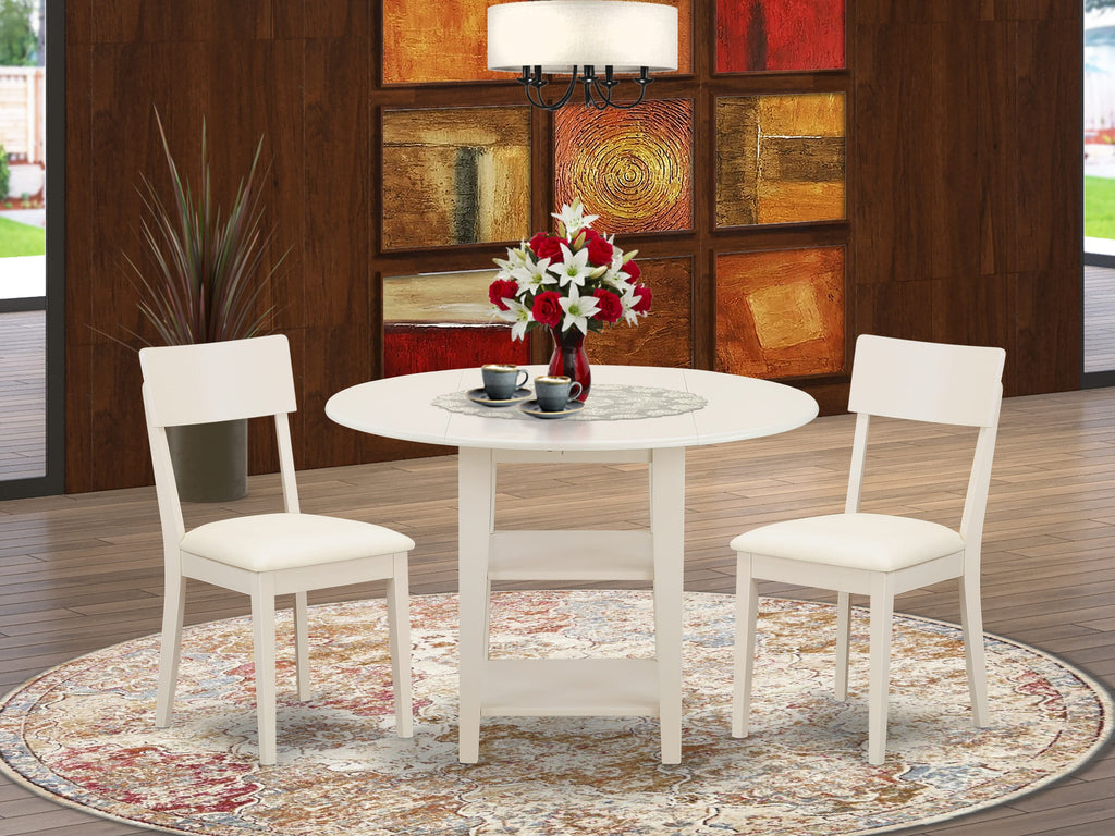 SUAD3-KL7-9S 3-Piece Round Dining Set with Dropleaf Table & Linen White Upholstered Chairs, 42-Inch