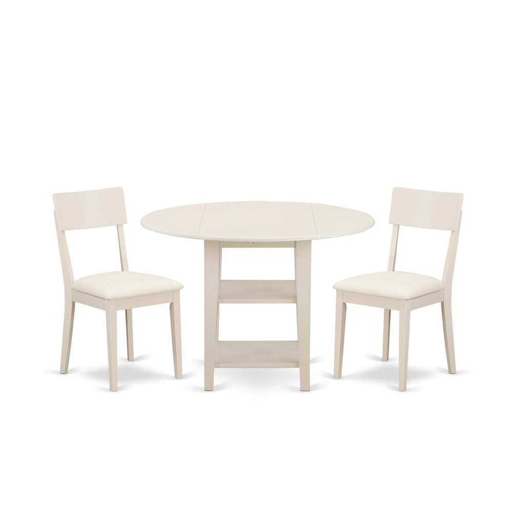 SUAD3-KL7-9S 3-Piece Round Dining Set with Dropleaf Table & Linen White Upholstered Chairs, 42-Inch