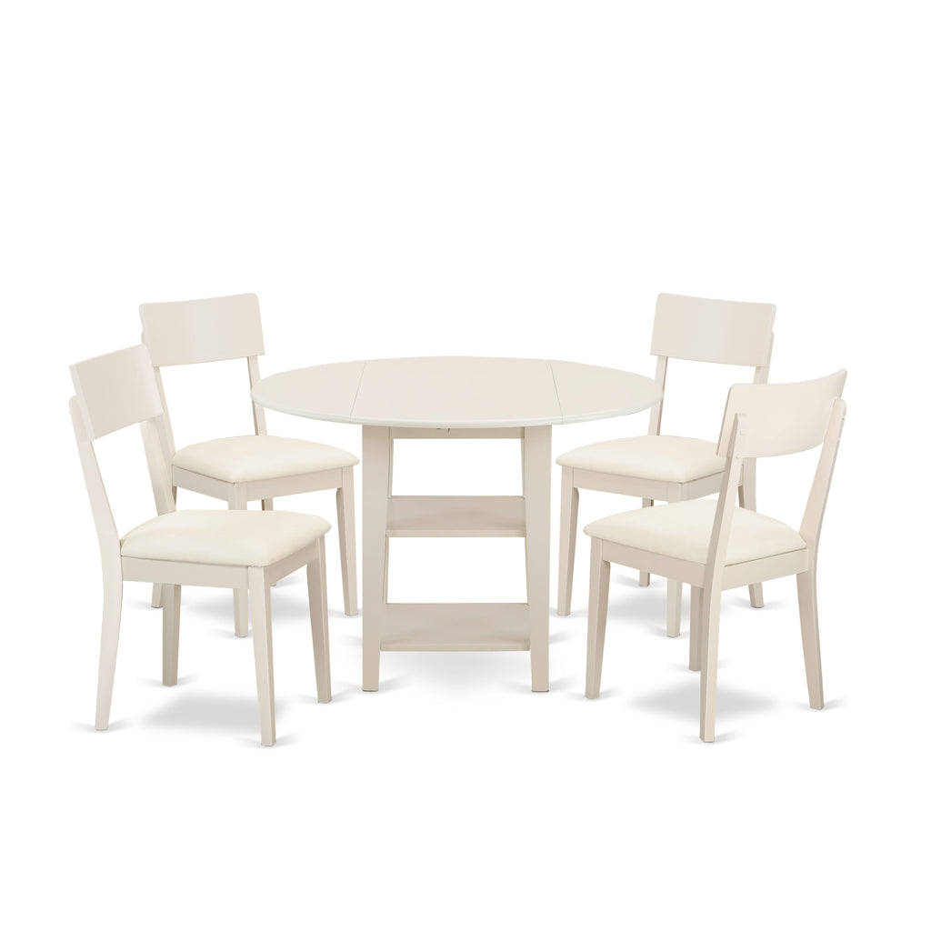SUAD5-ZHY-94 5-Piece Dining Ensemble with Round Table and Faux Leather Chairs, White Finish, 42 Inch