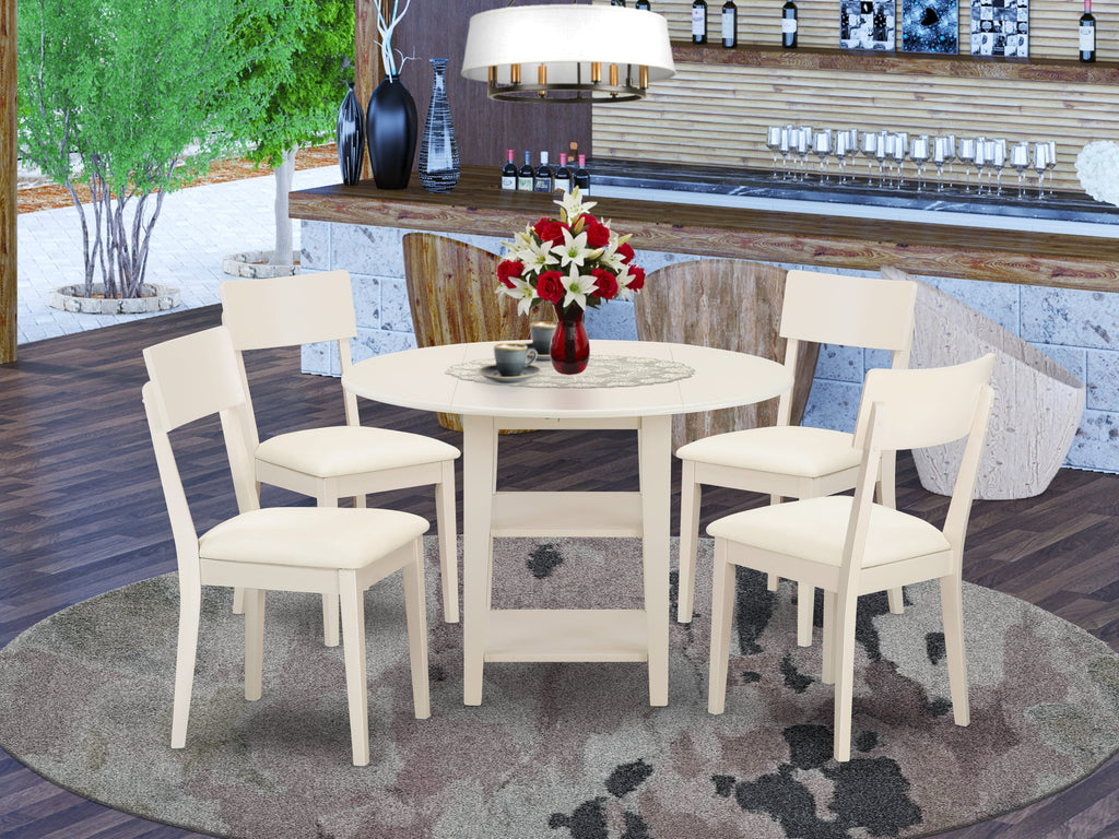 SUAD5-ZHY-94 5-Piece Dining Ensemble with Round Table and Faux Leather Chairs, White Finish, 42 Inch