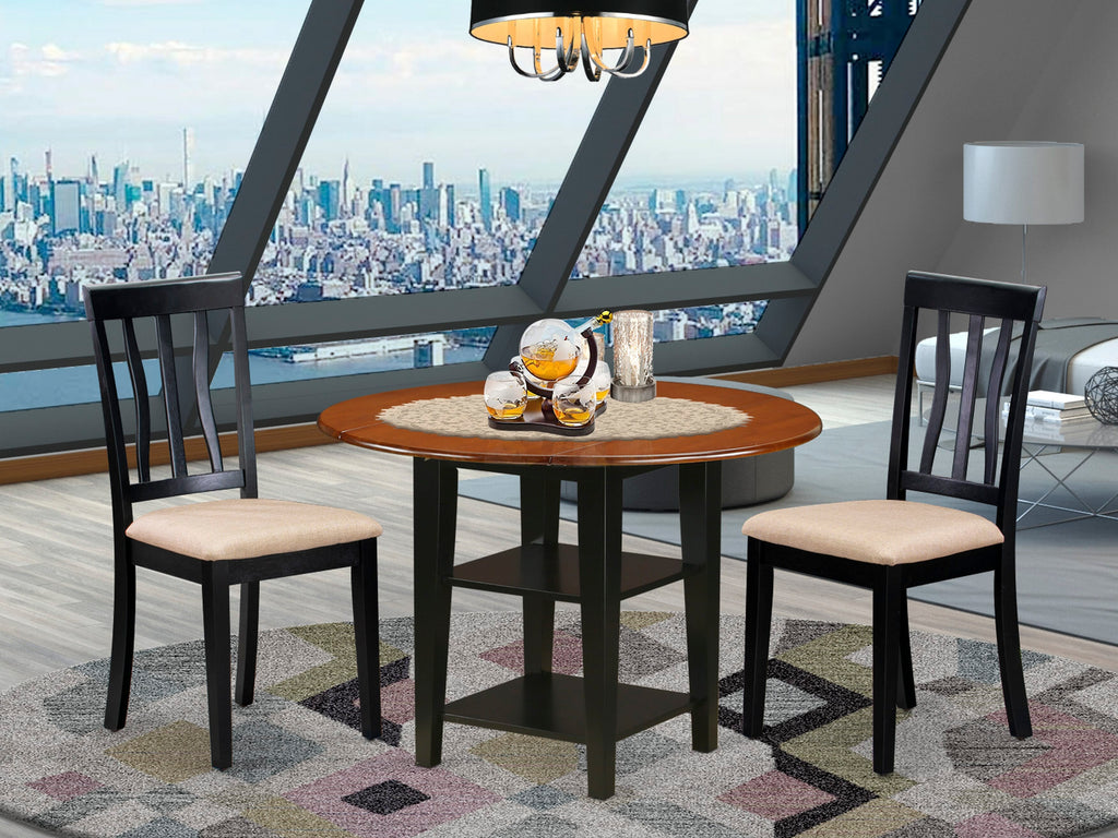 SUAN3-OW2-H Three-Piece Set Circular Dining Table with Dropleaf, 2 Linen Seats, 42-Inch, Cherry & Black