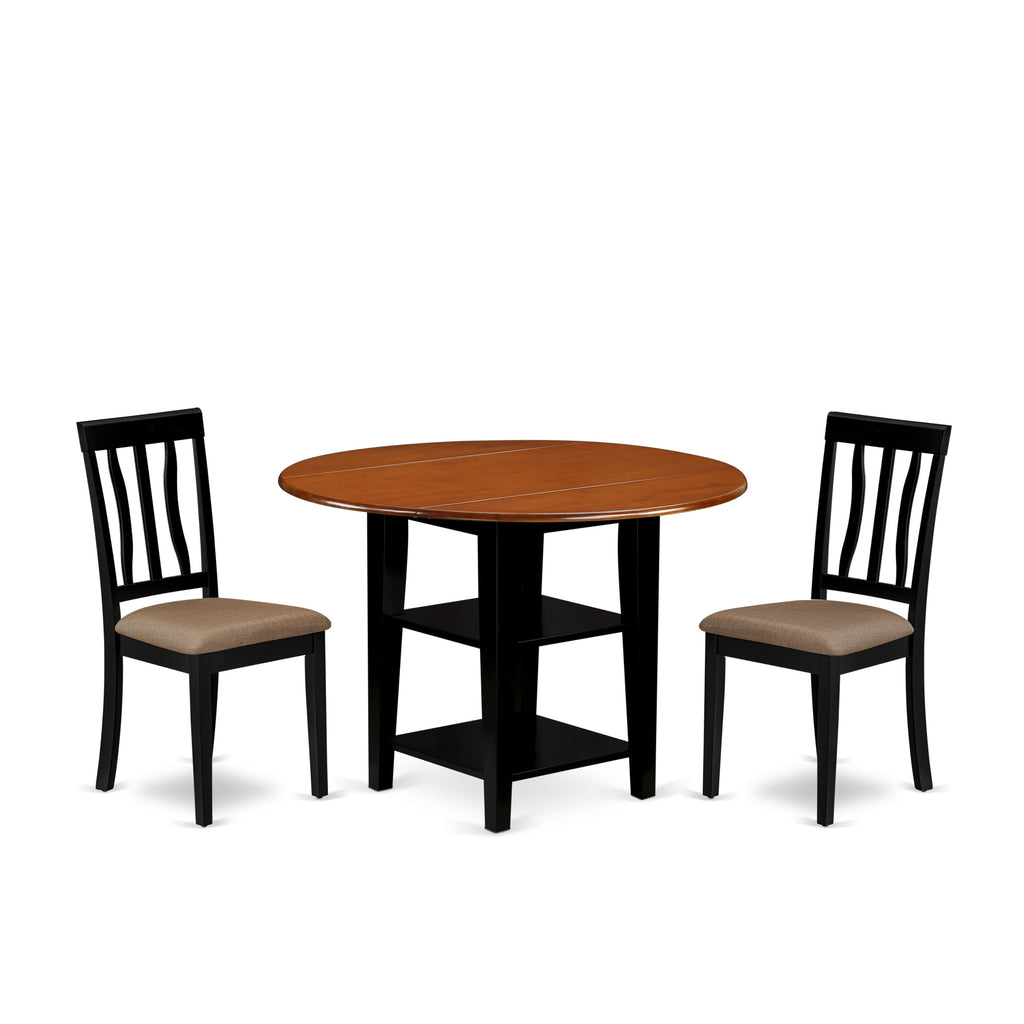 SUAN3-OW2-H Three-Piece Set Circular Dining Table with Dropleaf, 2 Linen Seats, 42-Inch, Cherry & Black