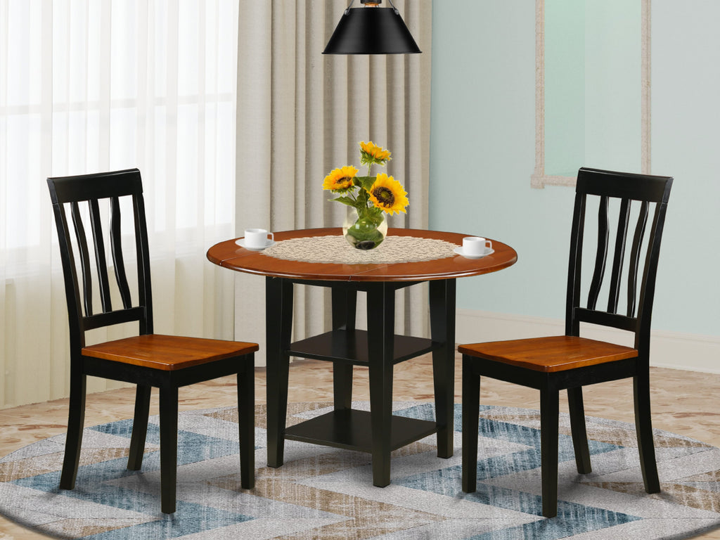 SUAN3-1MS-O Delicate Trio Set Circular Drop-leaf Table & 2 Wooden Chairs, Elegant Black & Cherry Finish