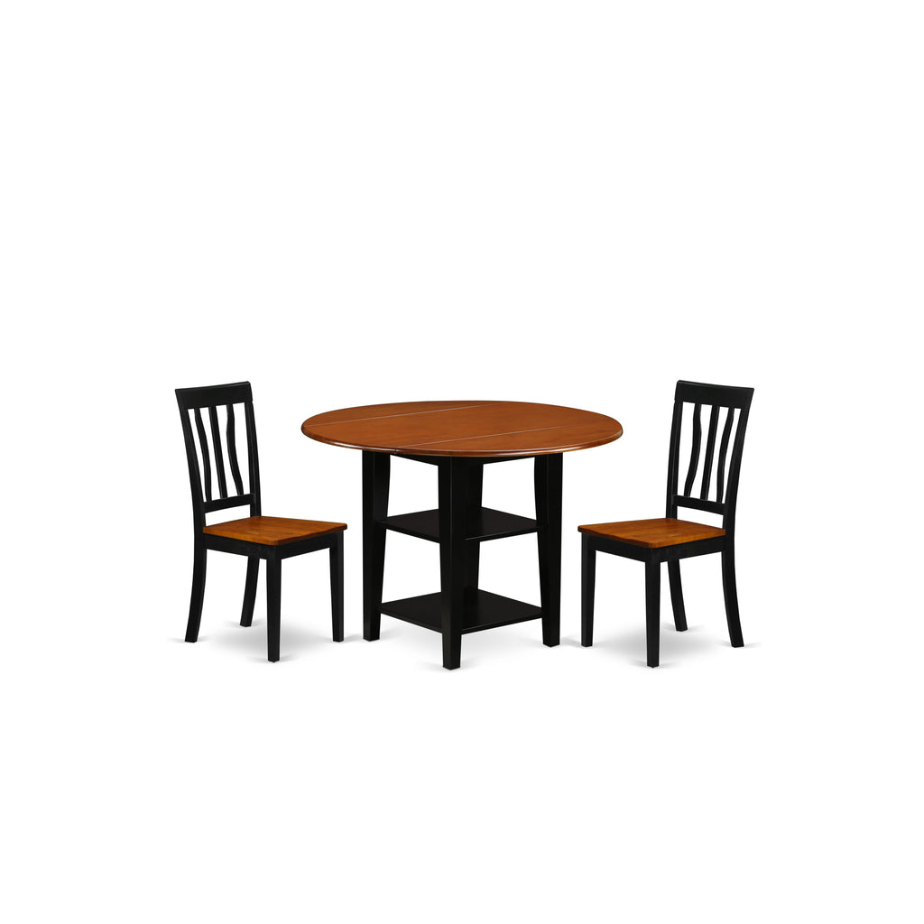 SUAN3-1MS-O Delicate Trio Set Circular Drop-leaf Table & 2 Wooden Chairs, Elegant Black & Cherry Finish