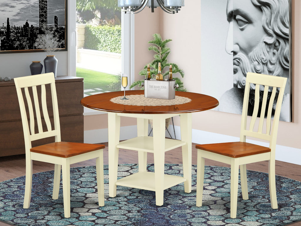 Dining Set SUAN3-TNE-H Wood Finish Round Table, Dropleaf & Shelf Included with Two Chairs in Stylish Buttermilk-Cherry