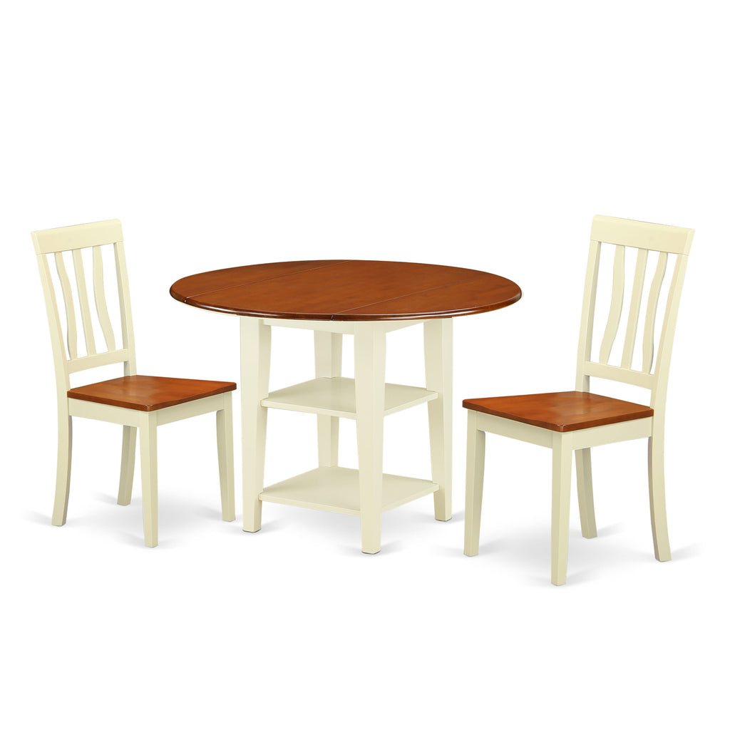 Dining Set SUAN3-TNE-H Wood Finish Round Table, Dropleaf & Shelf Included with Two Chairs in Stylish Buttermilk-Cherry