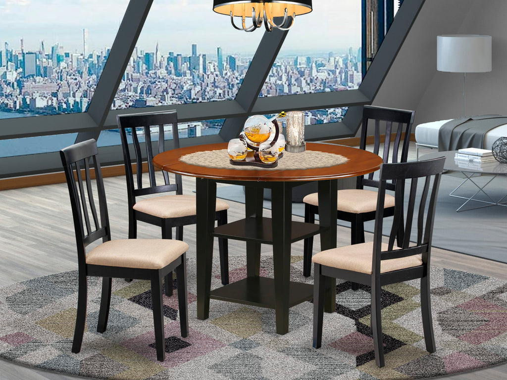 SUAN5-POP-R 5 Piece Dining Set with Round Table, Dropleaf, Shelves, and 4 Upholstered Chairs, Black Cherry Finish