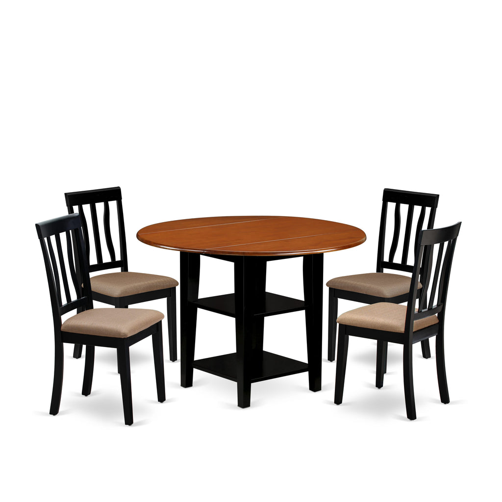 SUAN5-POP-R 5 Piece Dining Set with Round Table, Dropleaf, Shelves, and 4 Upholstered Chairs, Black Cherry Finish