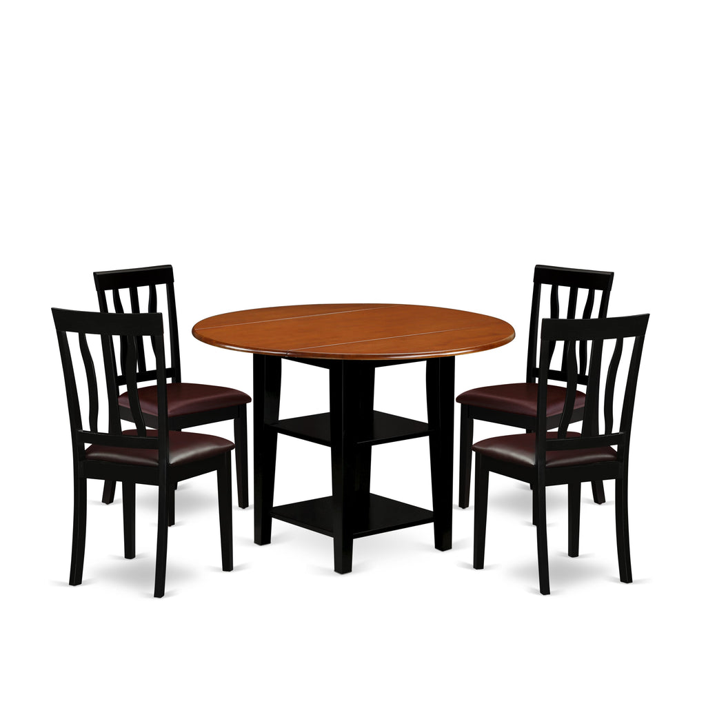 SUAN5-NPS-JB Stylish 5-Piece Dining Ensemble with Drop Leaf Table and Faux Leather Seats, Black & Cherry