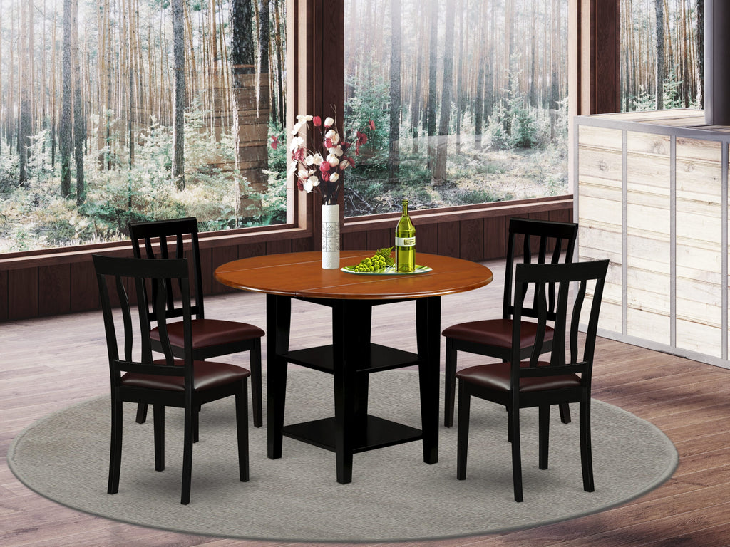 SUAN5-NPS-JB Stylish 5-Piece Dining Ensemble with Drop Leaf Table and Faux Leather Seats, Black & Cherry